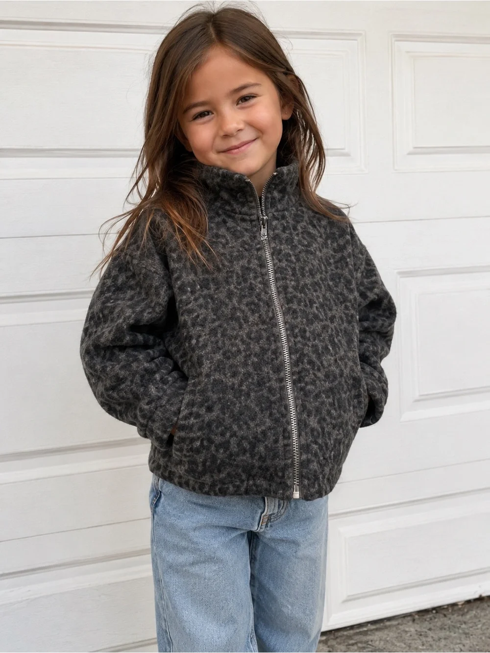 Zara Girls Charcoal Leopard Zip-Up Jacket- 6/7 Years